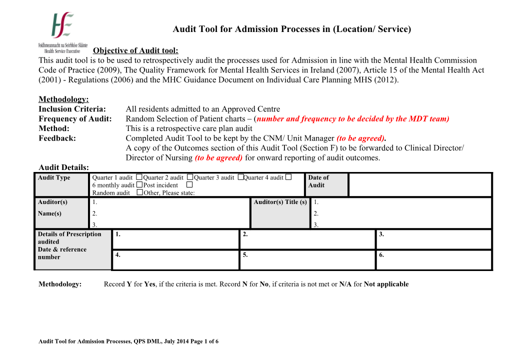 Audit Tool for Admission Processes