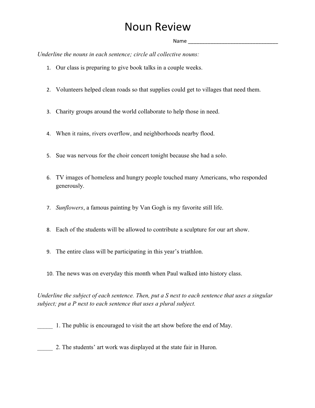 Underline the Nouns in Each Sentence; Circle All Collective Nouns