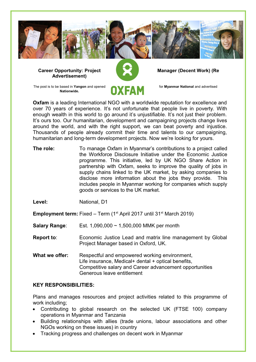 Career Opportunity: Project Manager (Decent Work) (Re Advertisement)