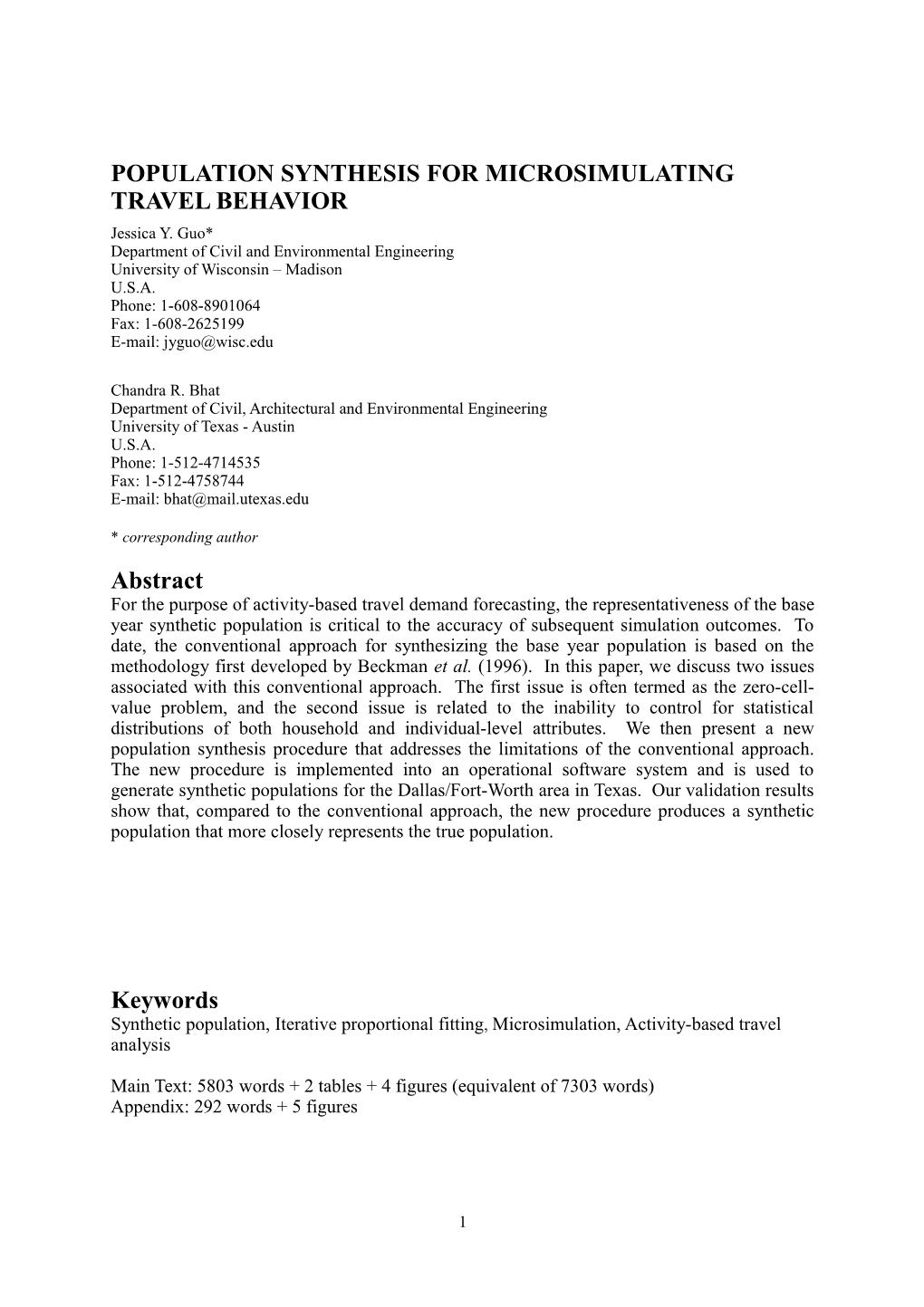 Population Synthesis for Microsimulating Travel Behavior