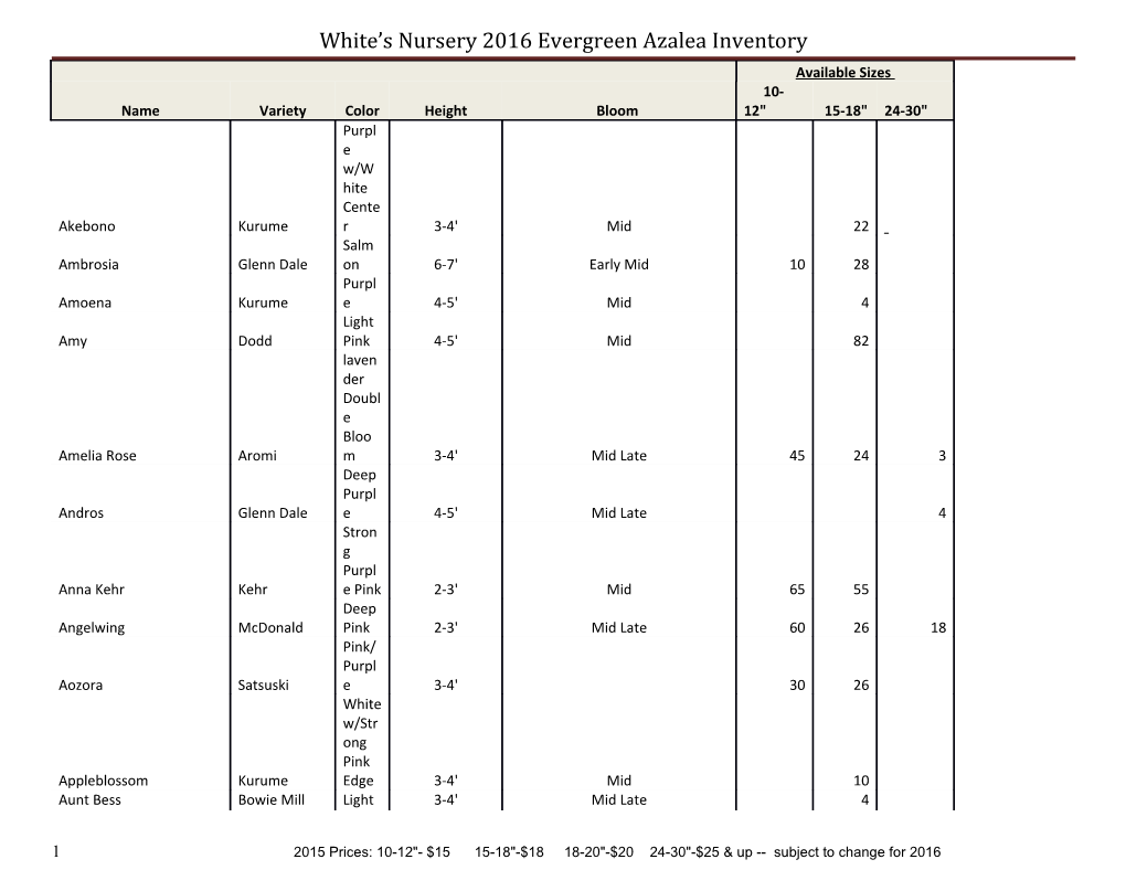 White S Nursery 2016 Evergreen Azalea Inventory