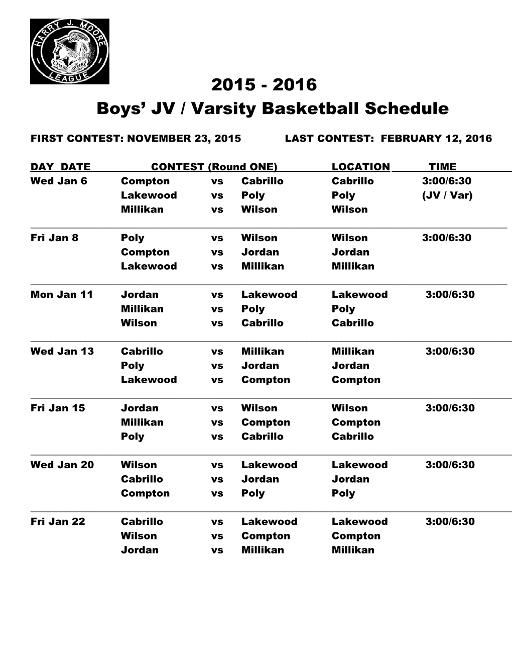 Boys JV / Varsity Basketball Schedule