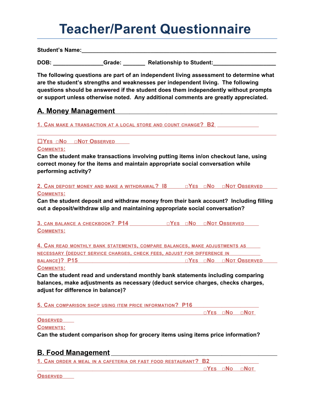 Teacher/Parent Questionnaire