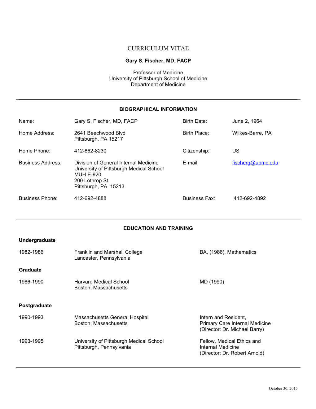 Gary S. Fischer, Mdcurriculum Vitae