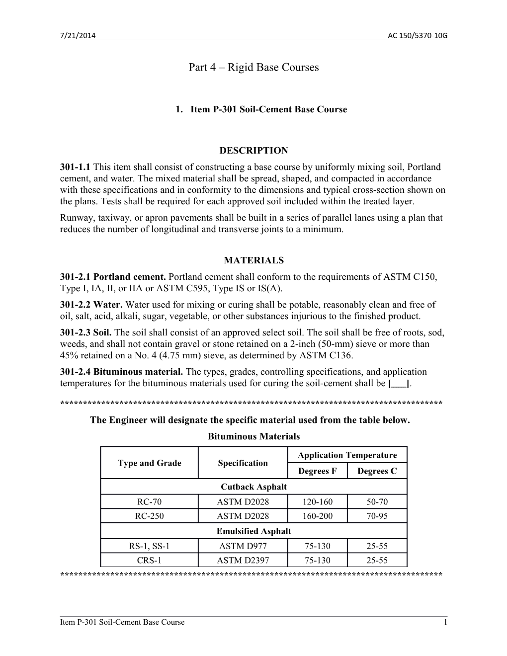 Part 5 of AC 150/5370-10G Standards for Specifying Construction of Airports, 21 July 2014