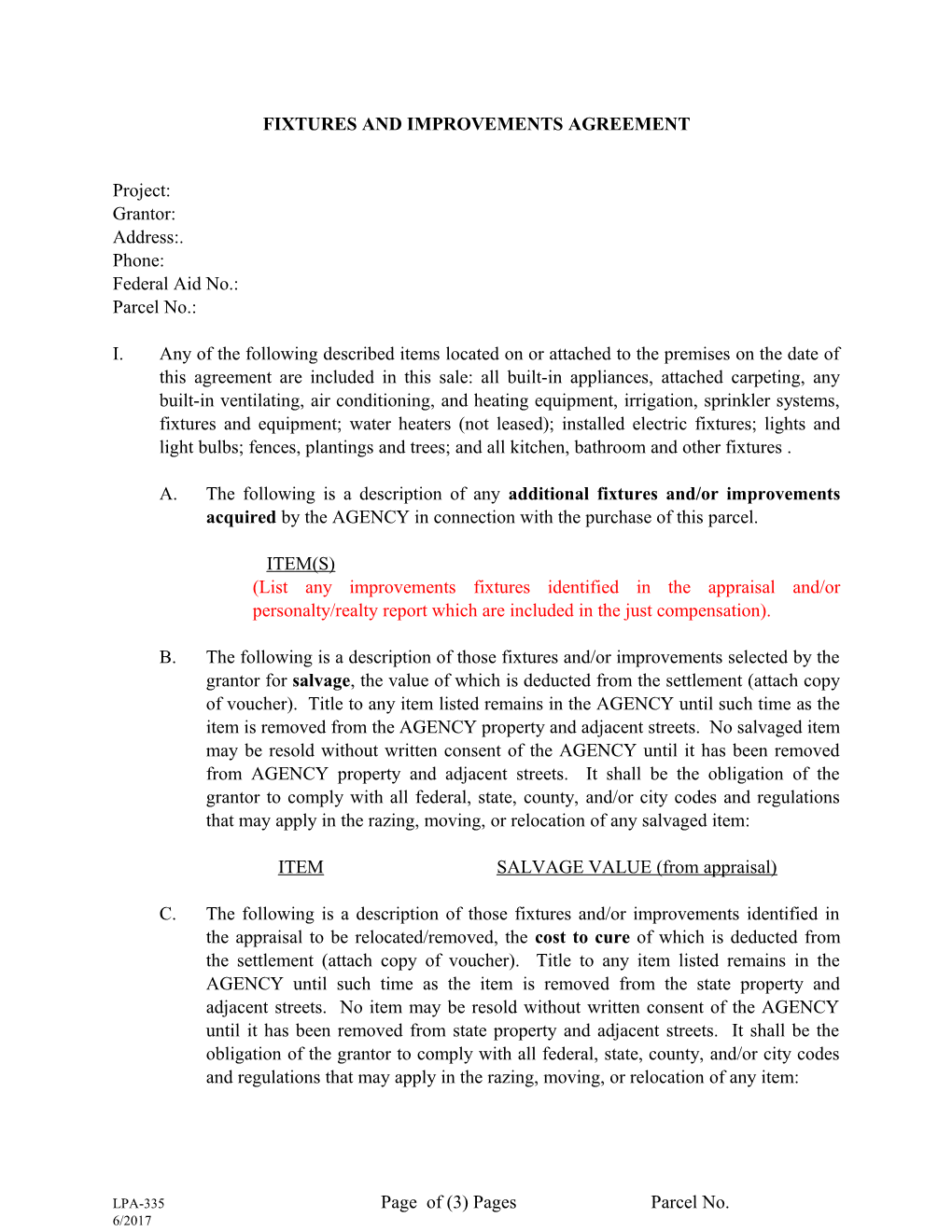 Res 335 Fixtures and Improvements Agreement