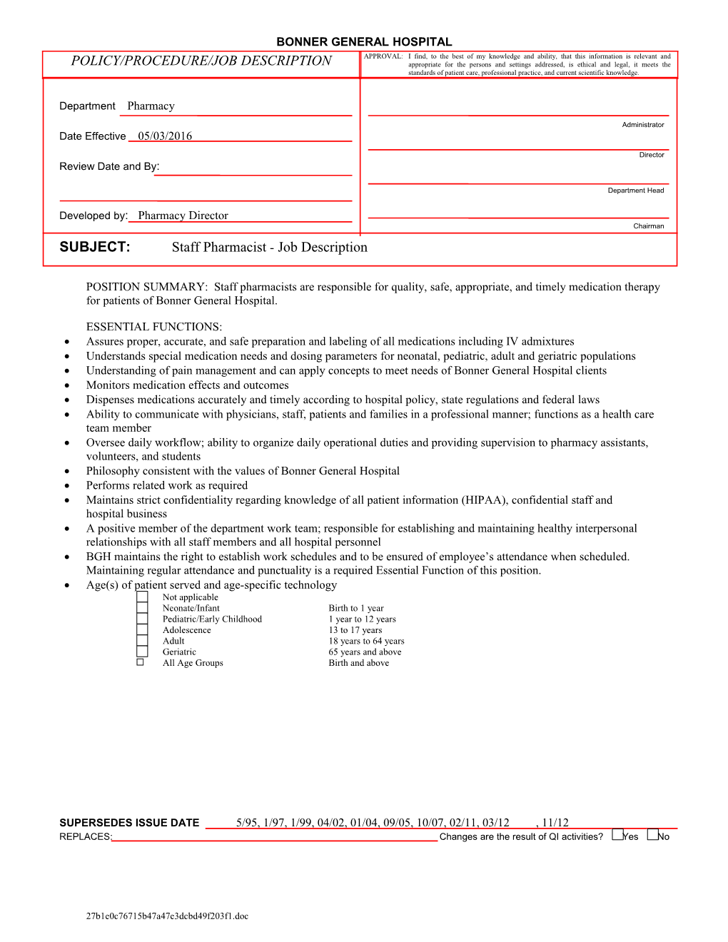 Subject:Staff Pharmacist - Job Description