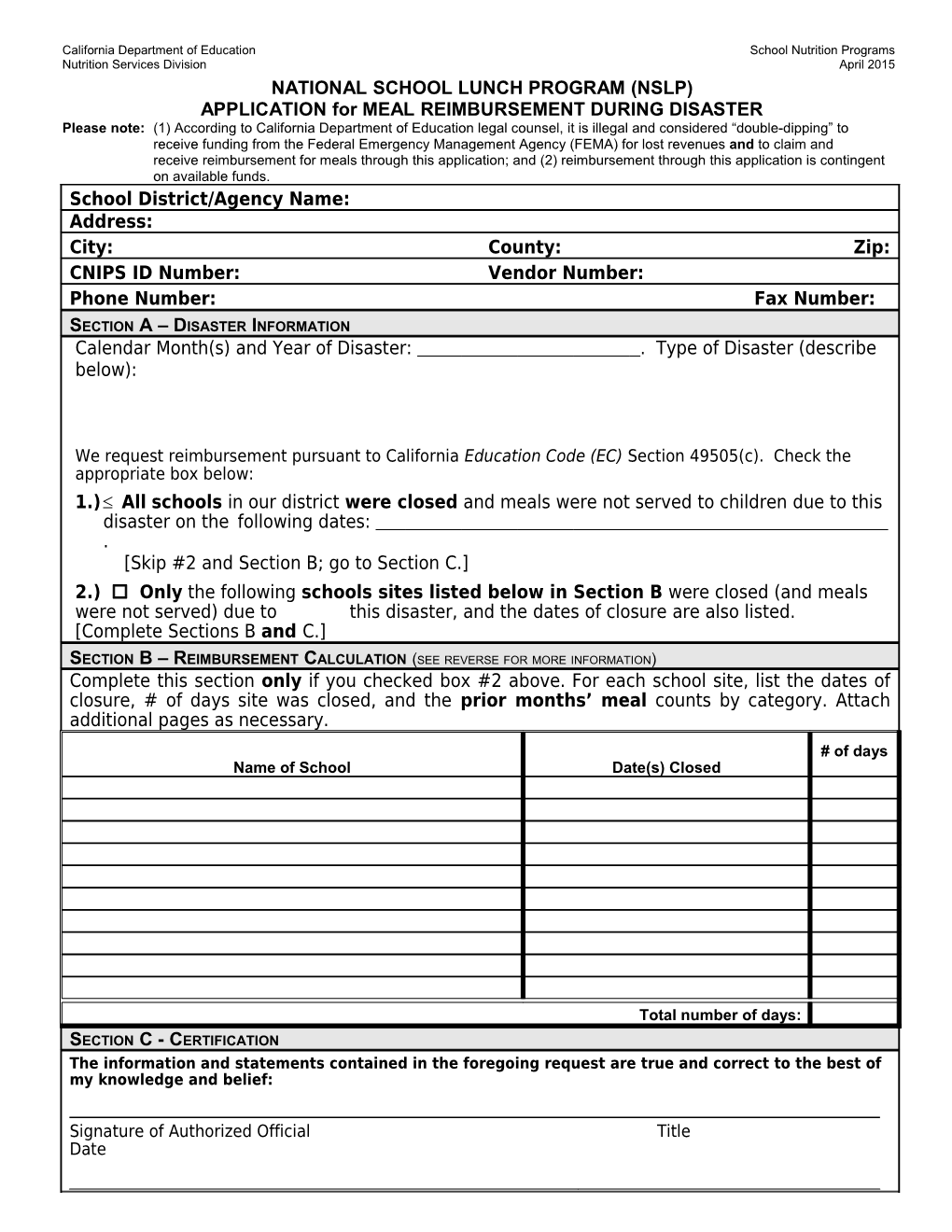 NSLP Meal App During Disaster - School Nutrition (CA Dept of Education)