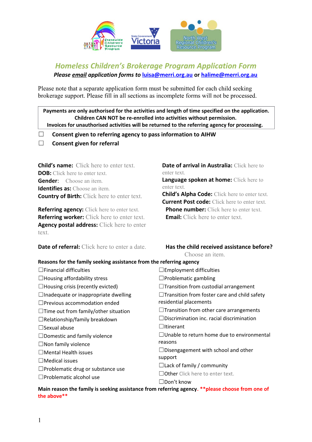 Homeless Children S Brokerage Program Application Form