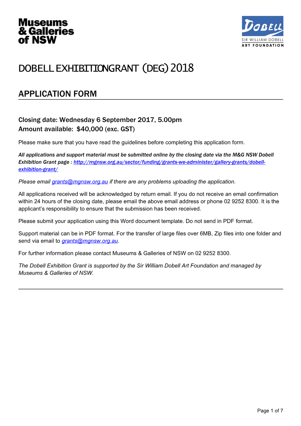 Dobell Exhibition Grant (Deg) 2018