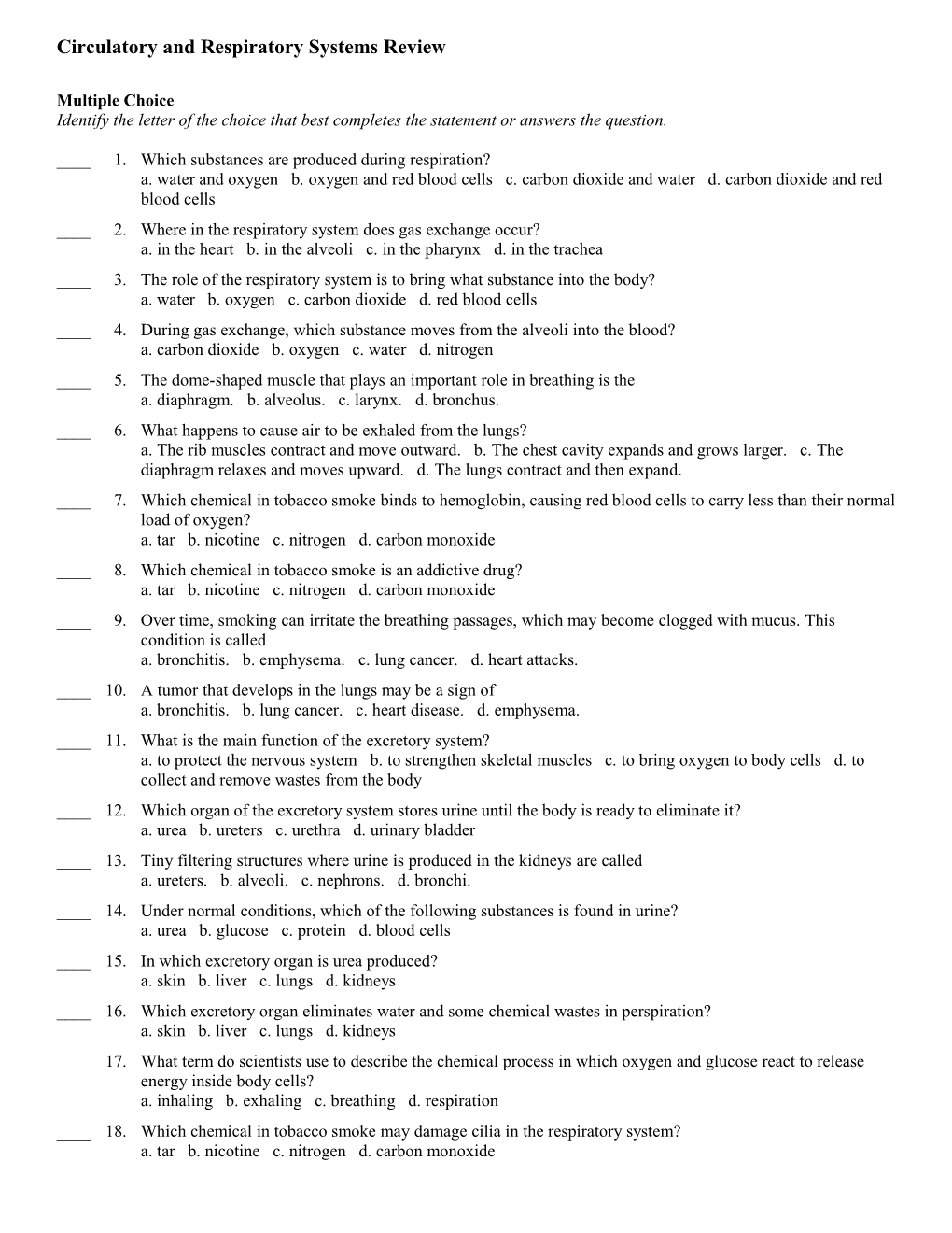 Circulatory and Respiratory Systems Review