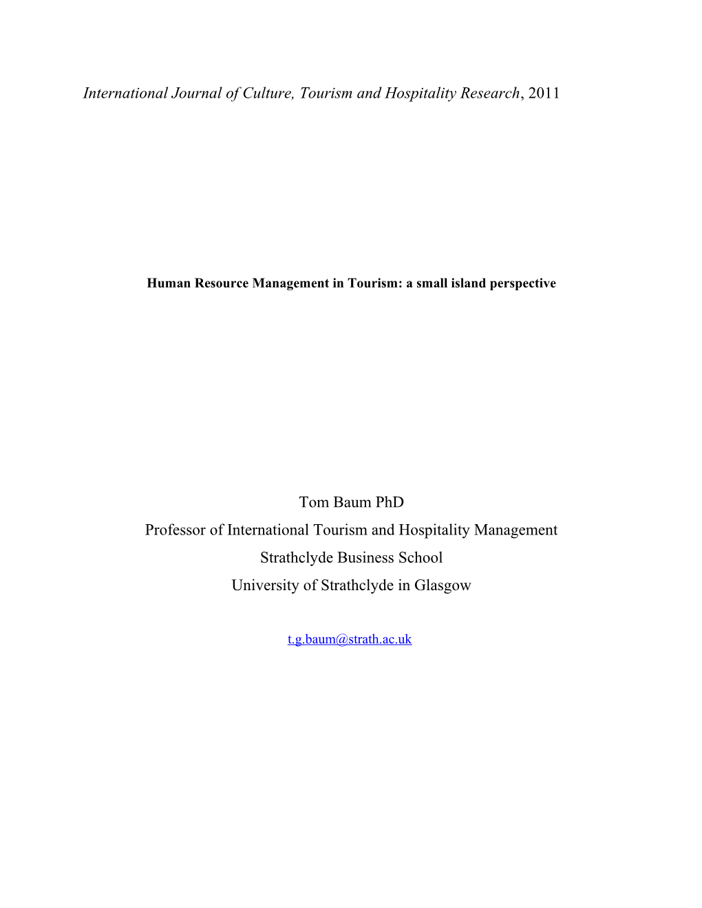 Human Resource Management in Tourism: a Small Island Perspective