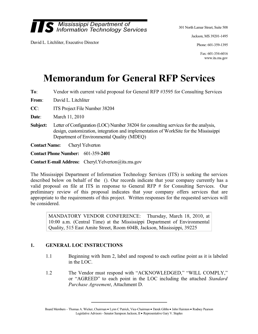 Memorandum for General RFP Configuration