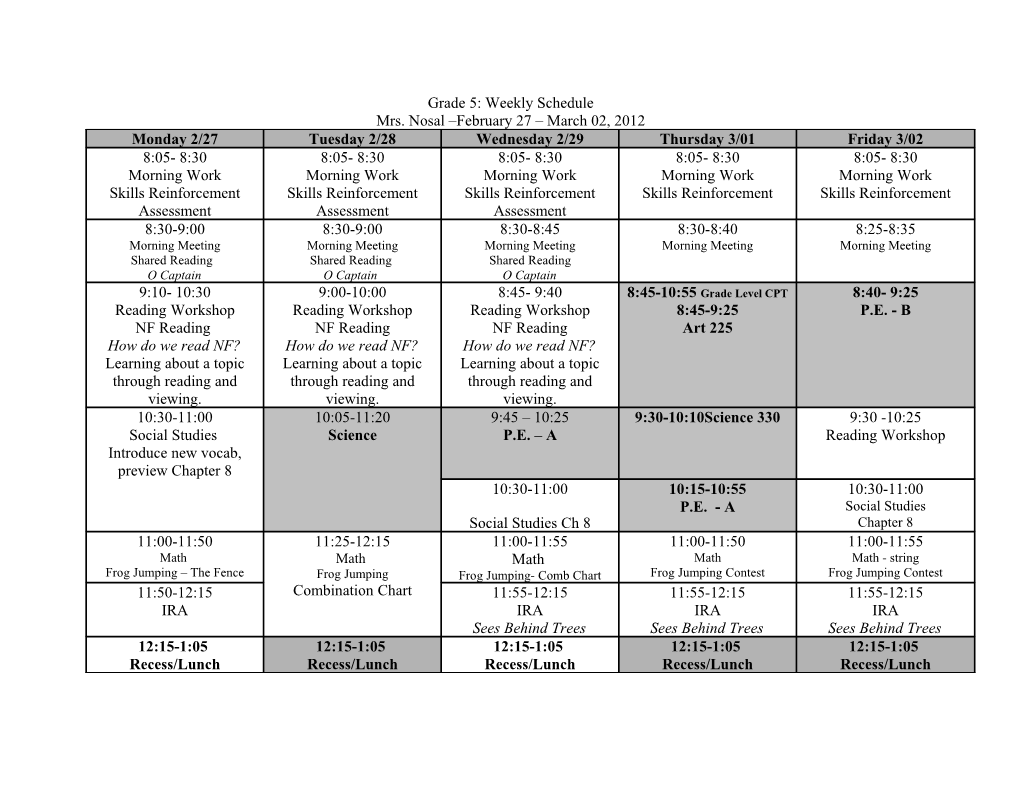 Grade 5: Weekly Schedule