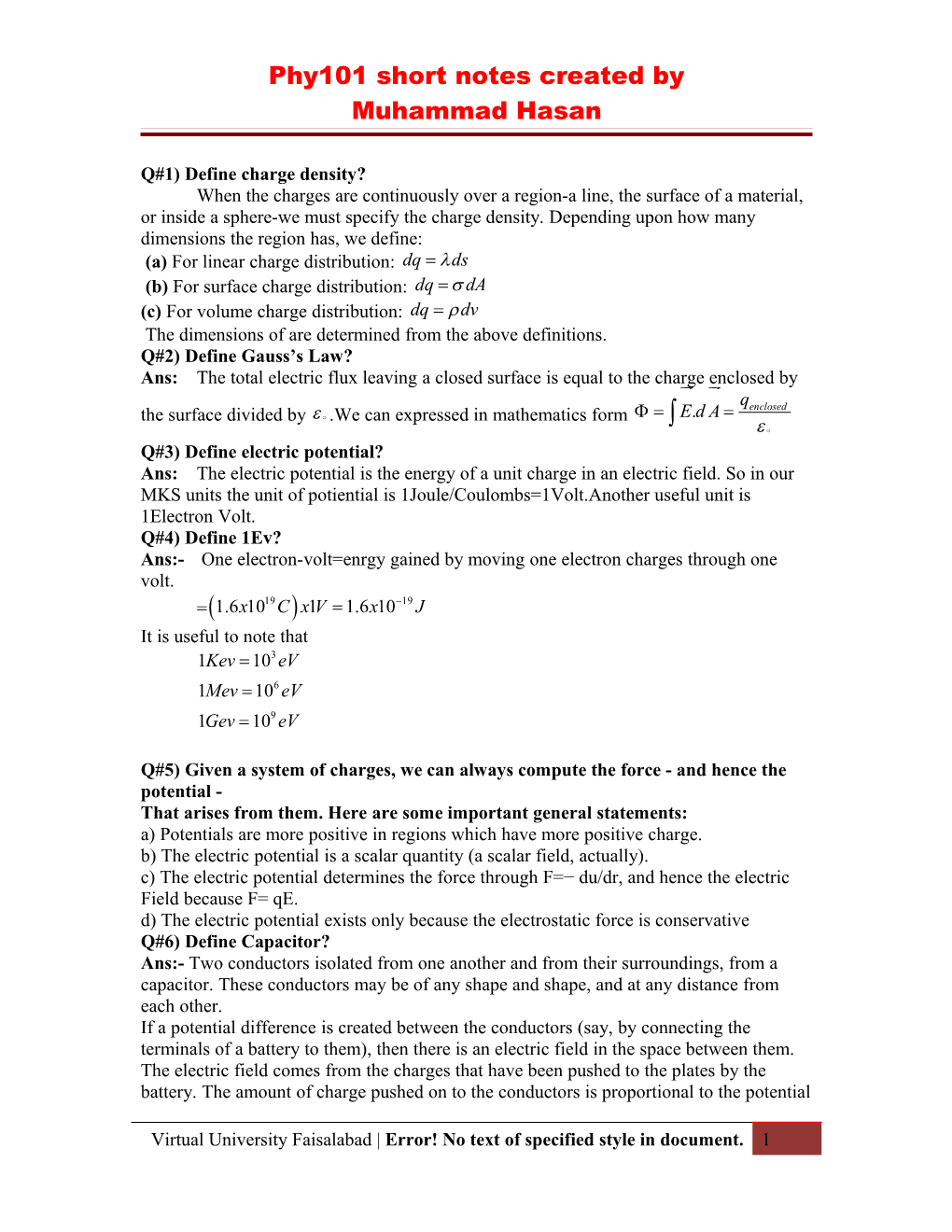 Phy101 Short Notes Created by Muhammad Hasan