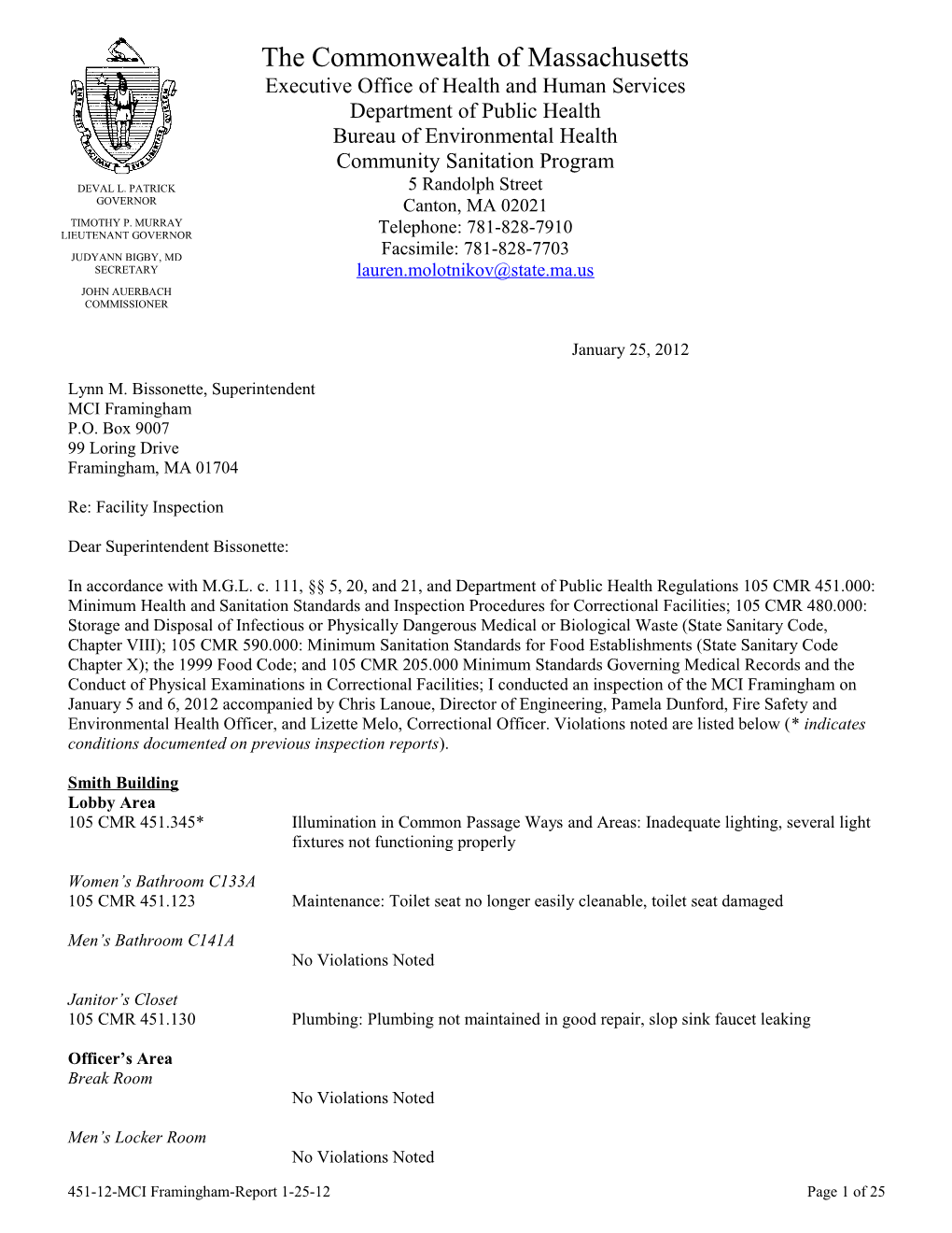 MCI Framingham - Facility Inspection Report - 01/25/2012