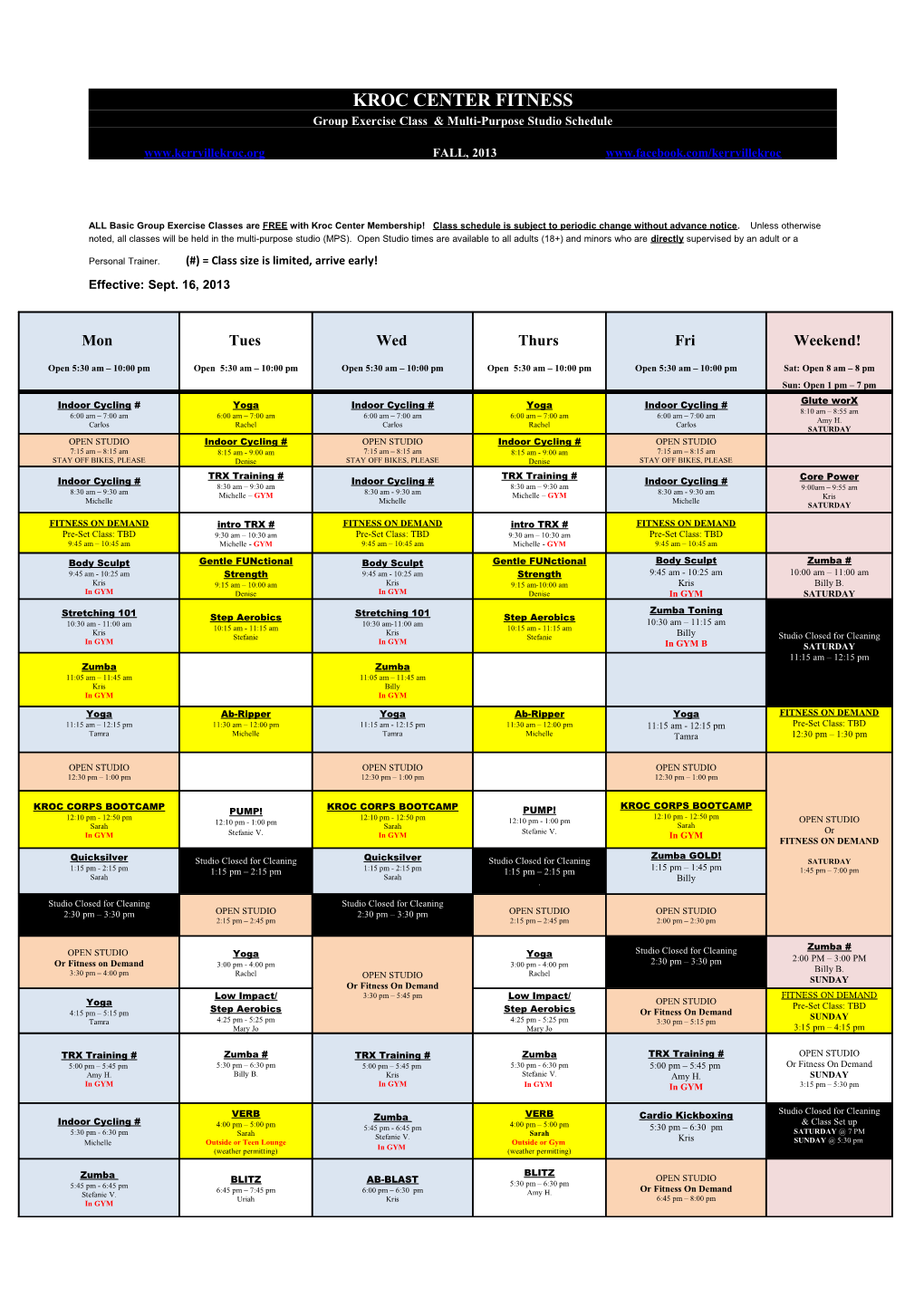 Group Exercise Class & Multi-Purpose Studio Schedule