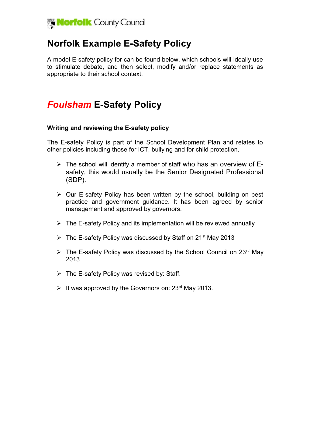 Norfolk Example E-Safety Policy