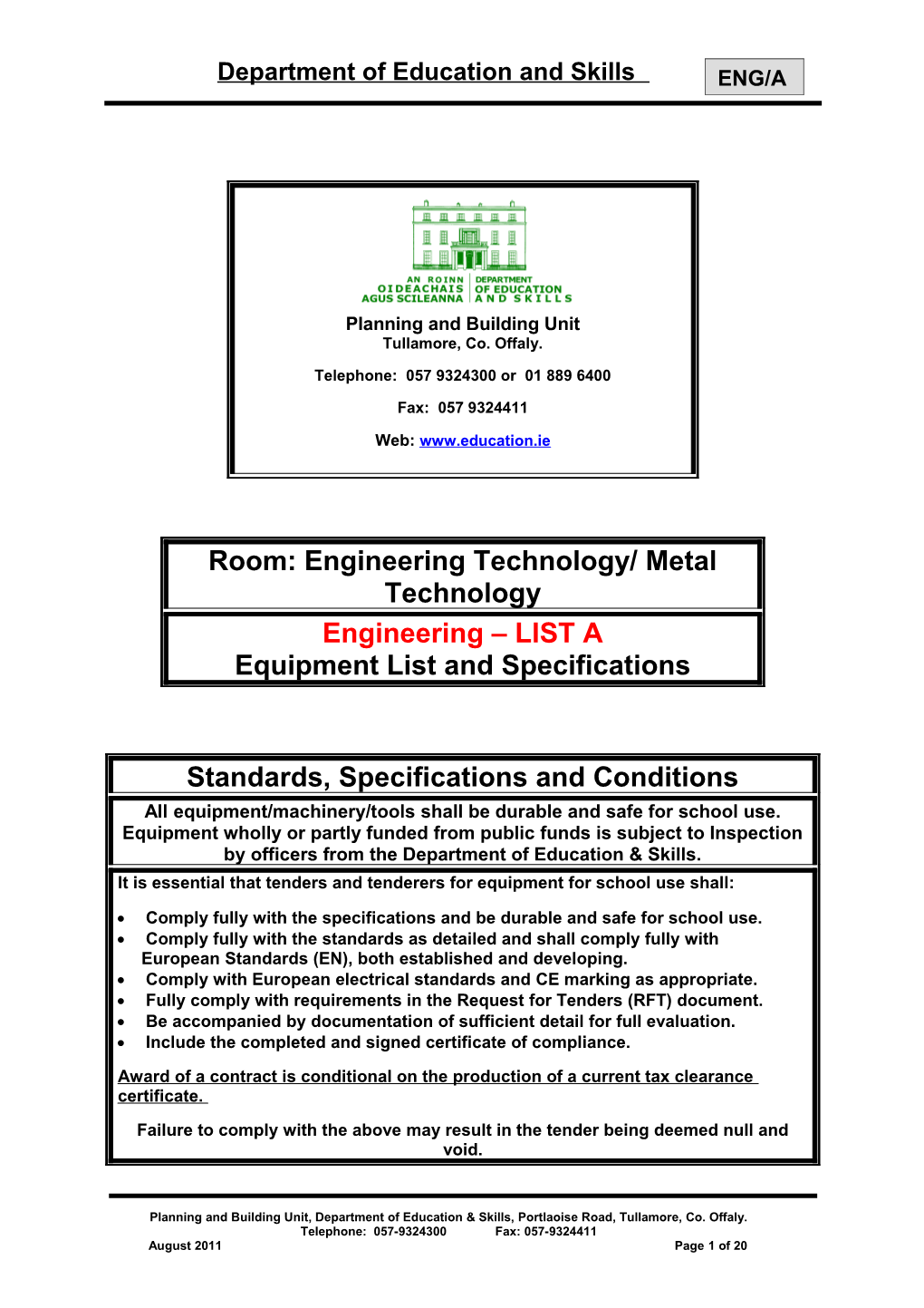 Room: Engineering/Metal Technology - Engineering ENGM Equipment List and Specifications