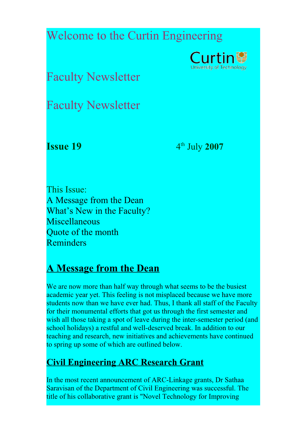 Welcome to the Curtin Engineering Faculty Newsletter