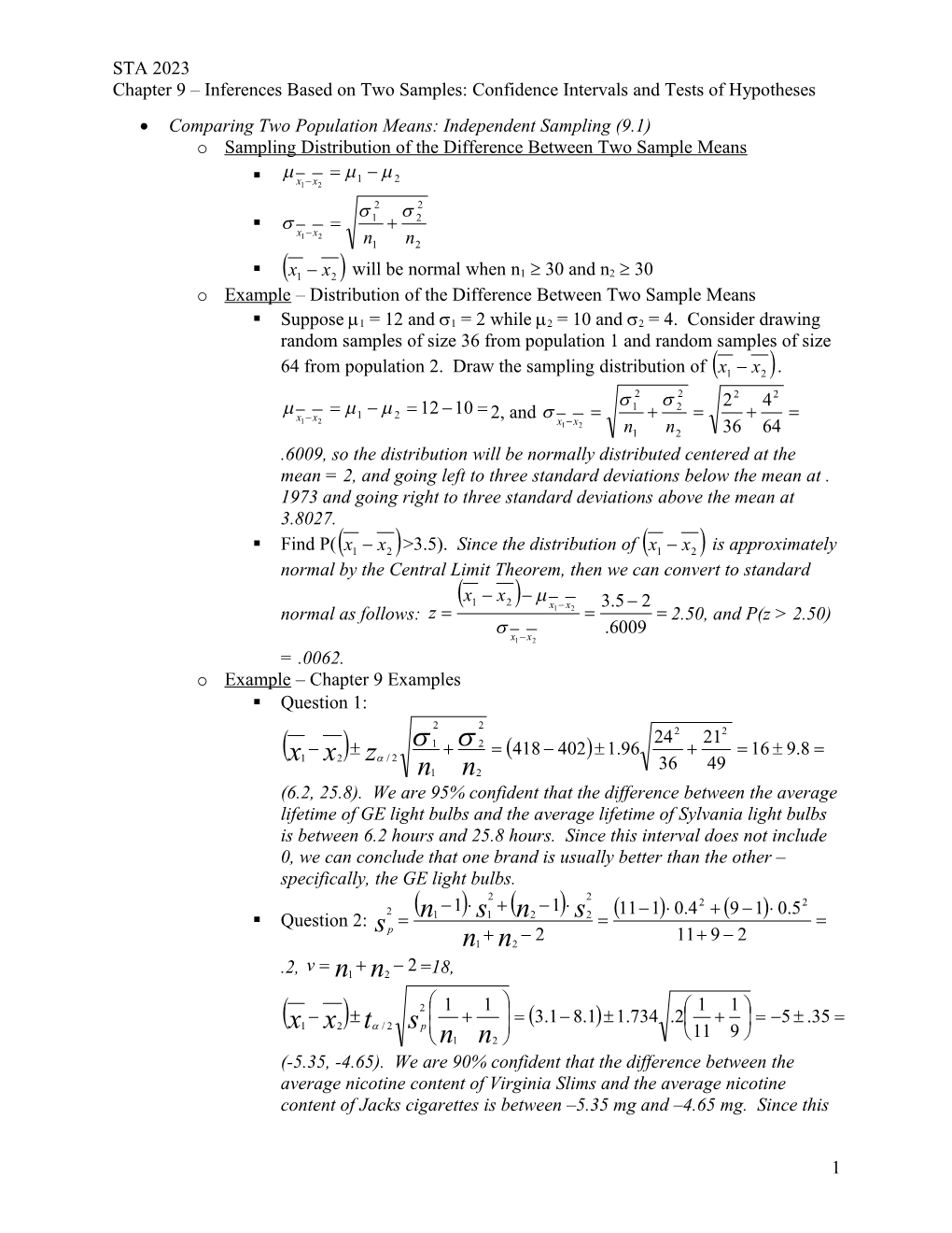 Chapter 9 Inferences Based on Two Samples: Confidence Intervals and Tests of Hypotheses