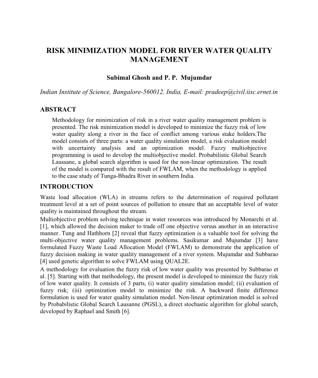 Risk Minimization Model for River Water Quality Management