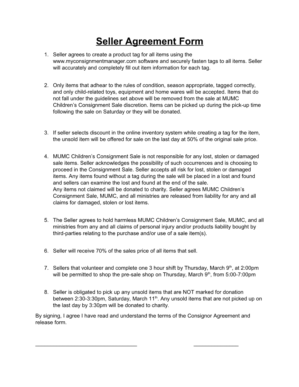 Seller Agreement Form