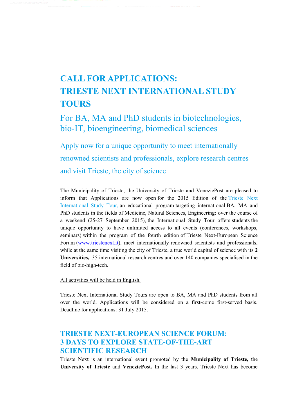 Call for Applications: Trieste Next International Study Tours