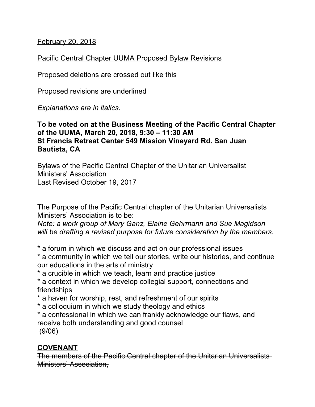 Pacific Central Chapter UUMA Proposed Bylaw Revisions