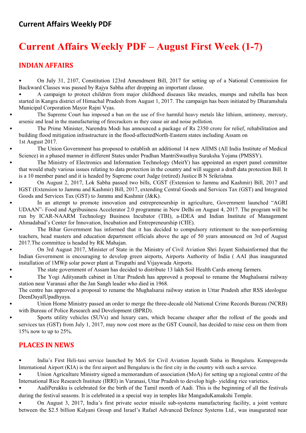 Current Affairs Weekly PDF