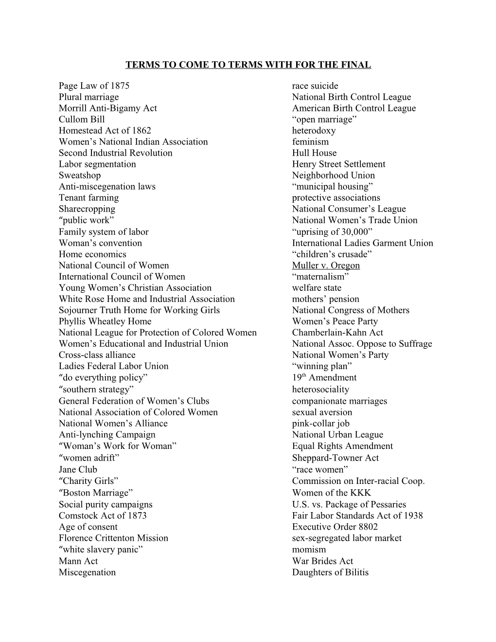 Terms to Come to Terms with for the Final