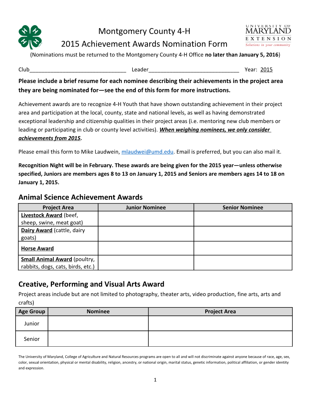 2015 Achievement Awards Nomination Form