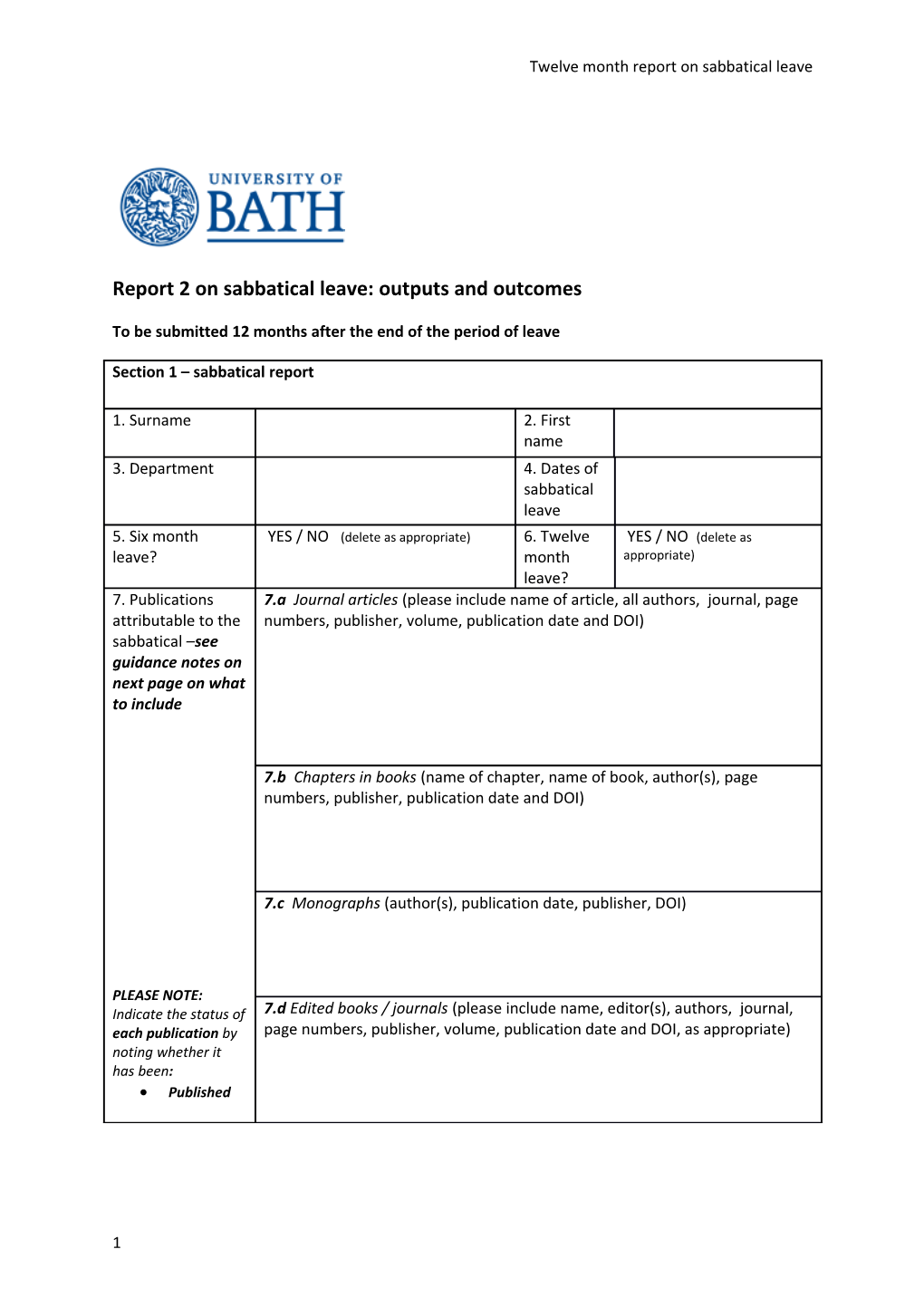 Report 2 on Sabbatical Leave: Outputs and Outcomes