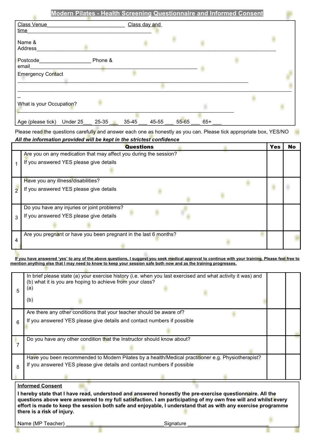 Modern Pilates - Health Screening Questionnaire and Informed Consent