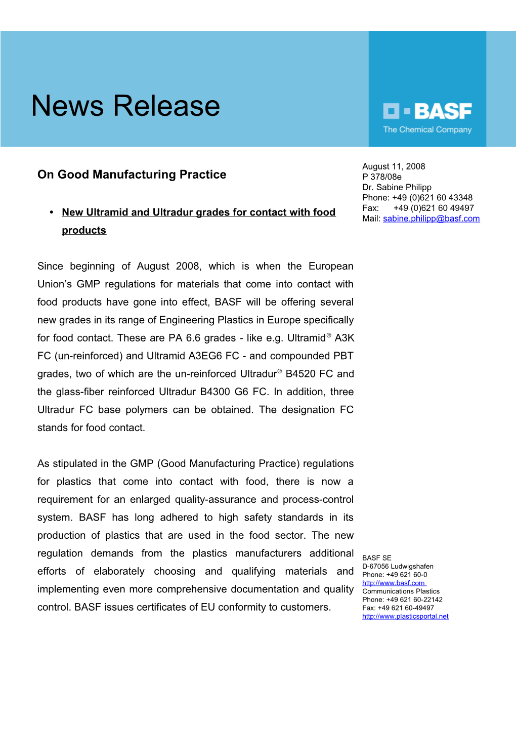 New Ultramid and Ultradur Grades for Contact with Food Products