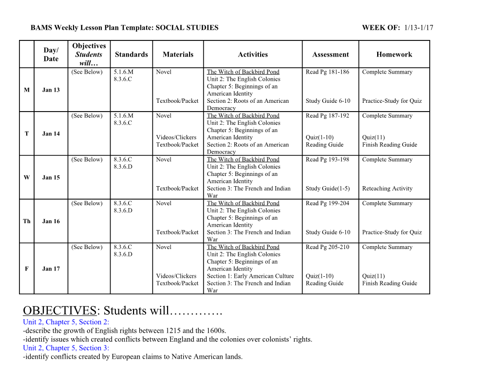 BAMS Weekly Lesson Plan Template: SOCIAL STUDIES WEEK OF: 1/13-1/17