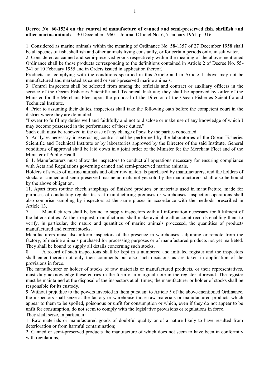 Decree No. 60-1524 on the Control of Manufacture of Canned and Semi-Preserved Fish, Shellfish