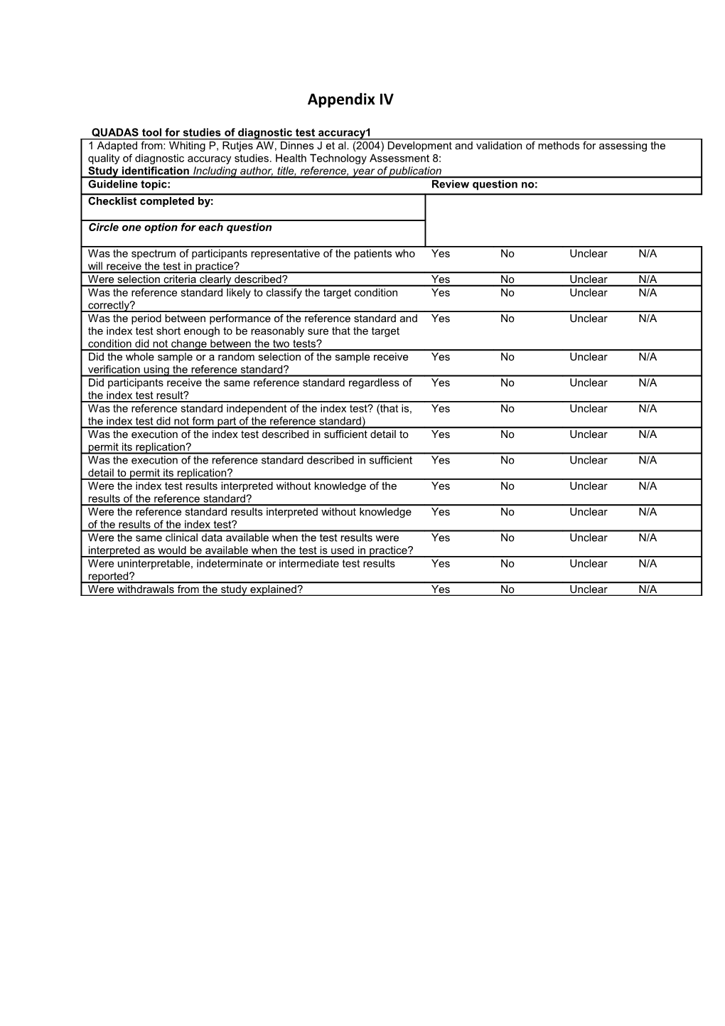 QUADAS Tool for Studies of Diagnostic Test Accuracy1