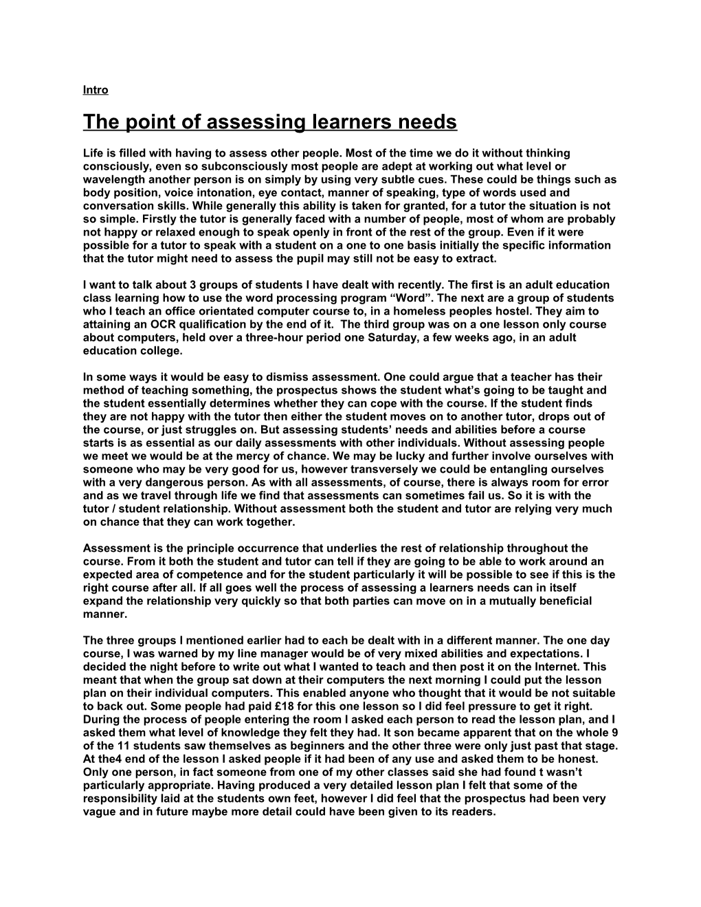 The Point of Assessing Learners Needs