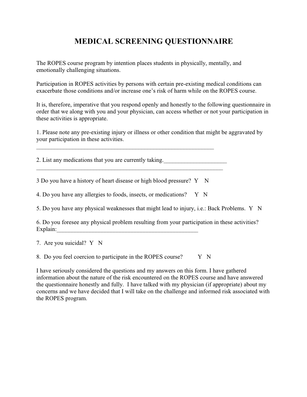 Medical Screening Questionnaire