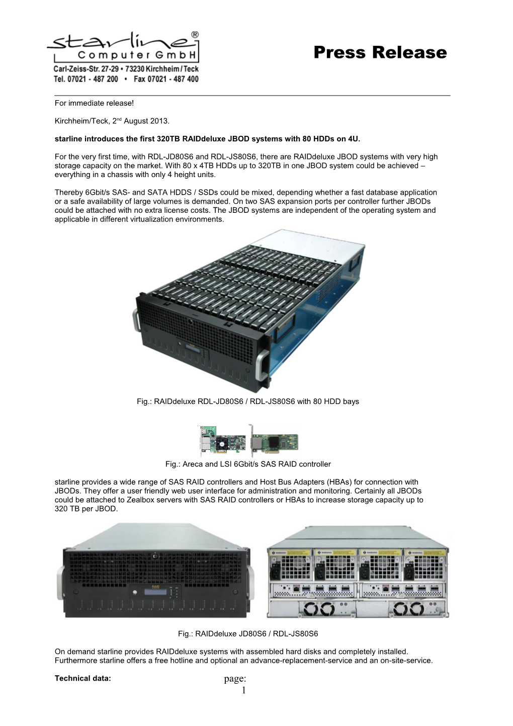 Starline Introduces the First 320TB Raiddeluxe JBOD Systems with 80 Hdds on 4U