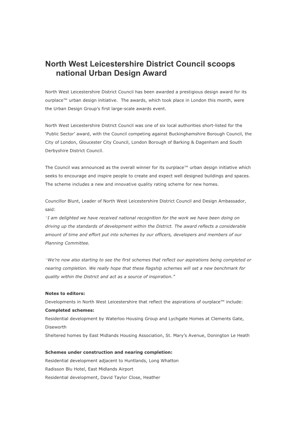 North West Leicestershire District Council Scoops National Urban Design Award