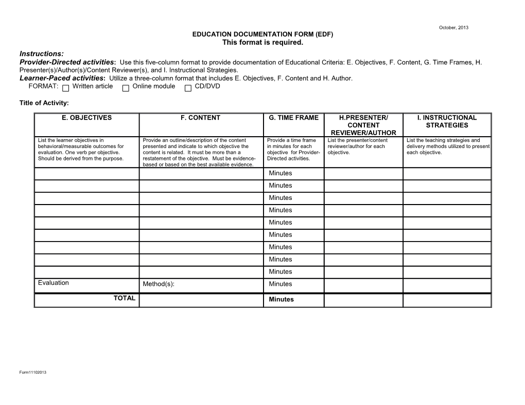 Education Documentation Form (Edf)