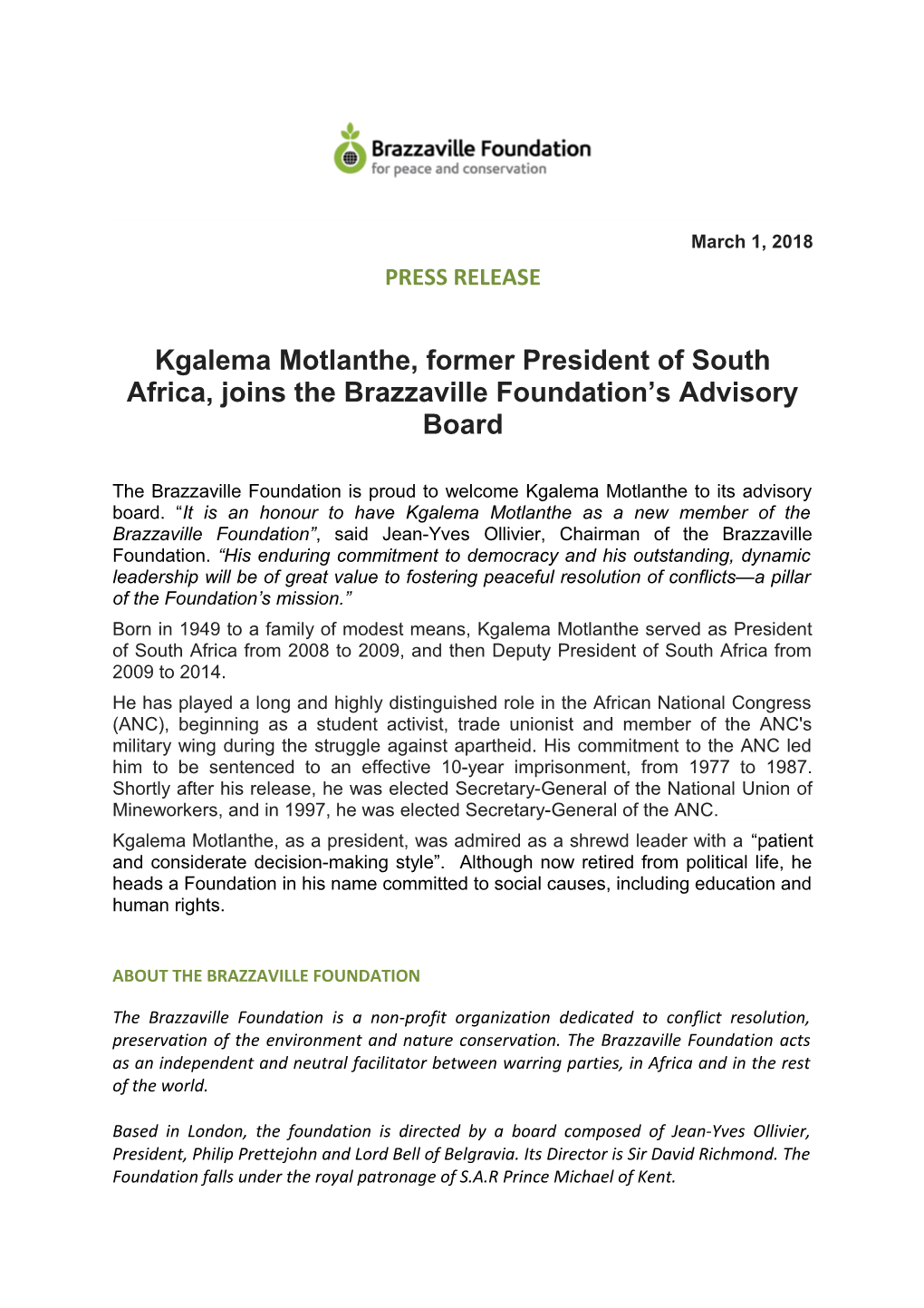 Kgalemamotlanthe, Former President of South Africa, Joins the Brazzaville Foundation S