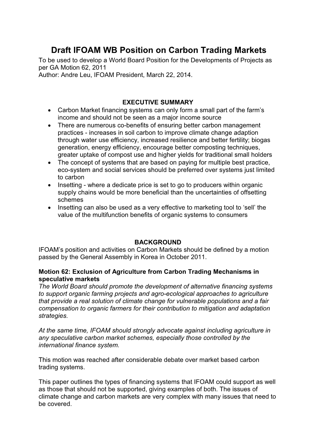 Draft IFOAM WB Position on Carbon Trading Markets