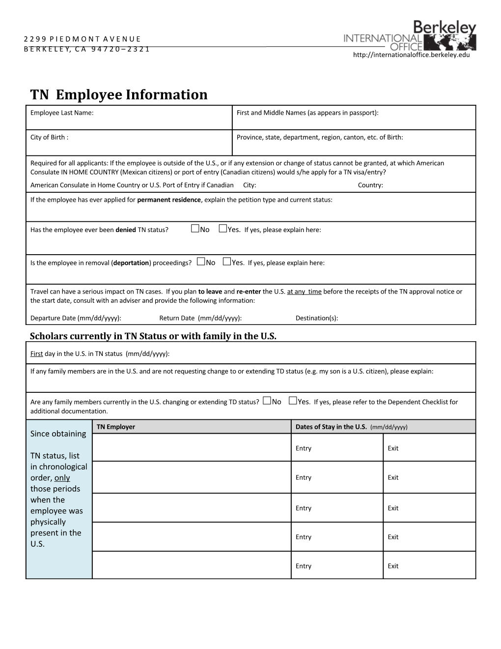 Scholars Currently in TN Status Or with Family in the U.S