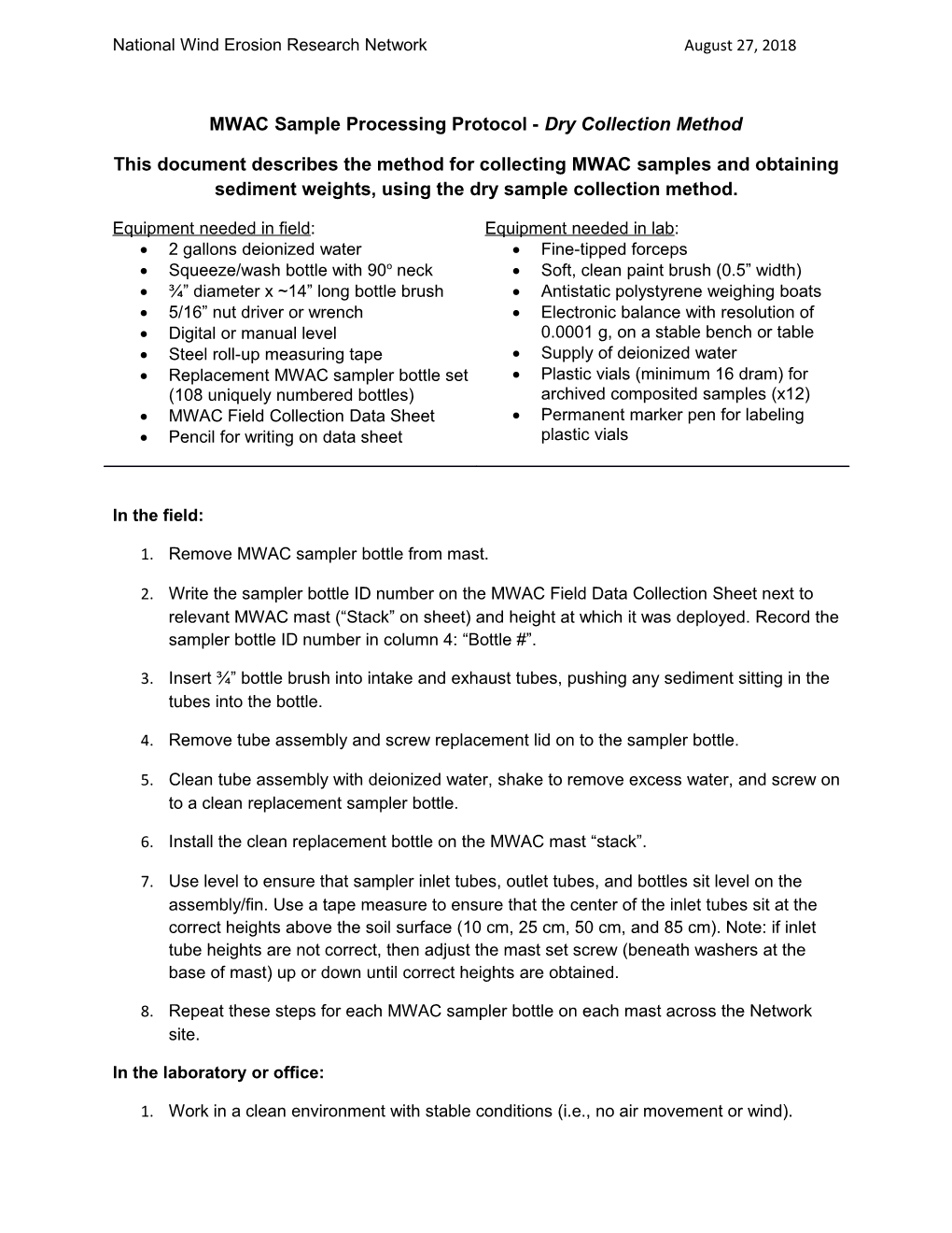 MWAC Sample Processing Protocol- Dry Collection Method