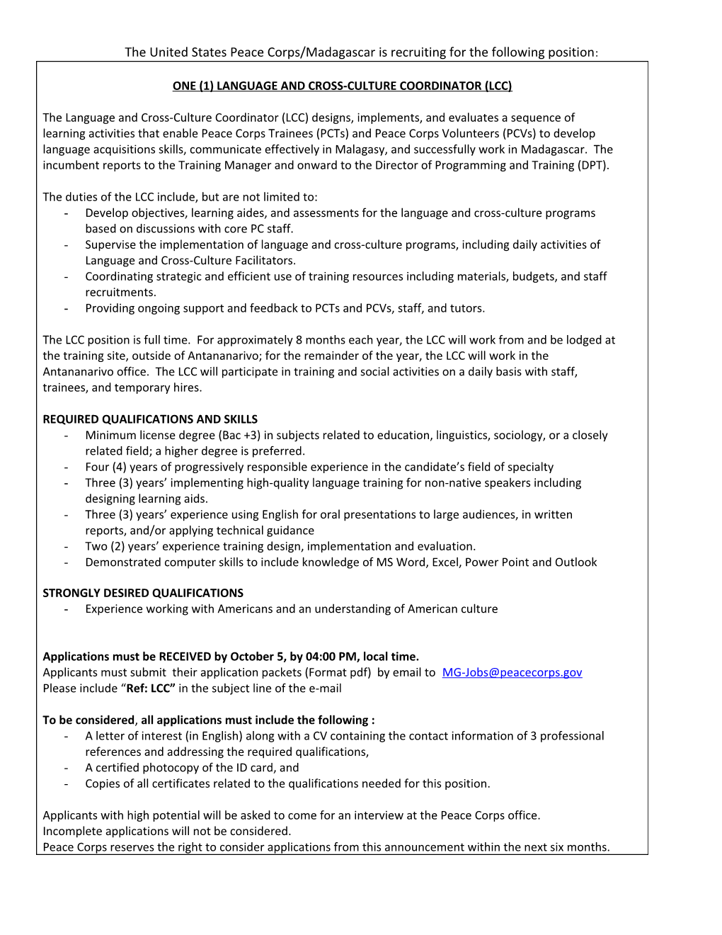 The United States Peace Corps/Madagascar Is Recruiting for the Following Position