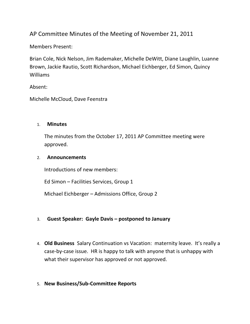 AP Committee Minutes of the Meeting of November 21, 2011