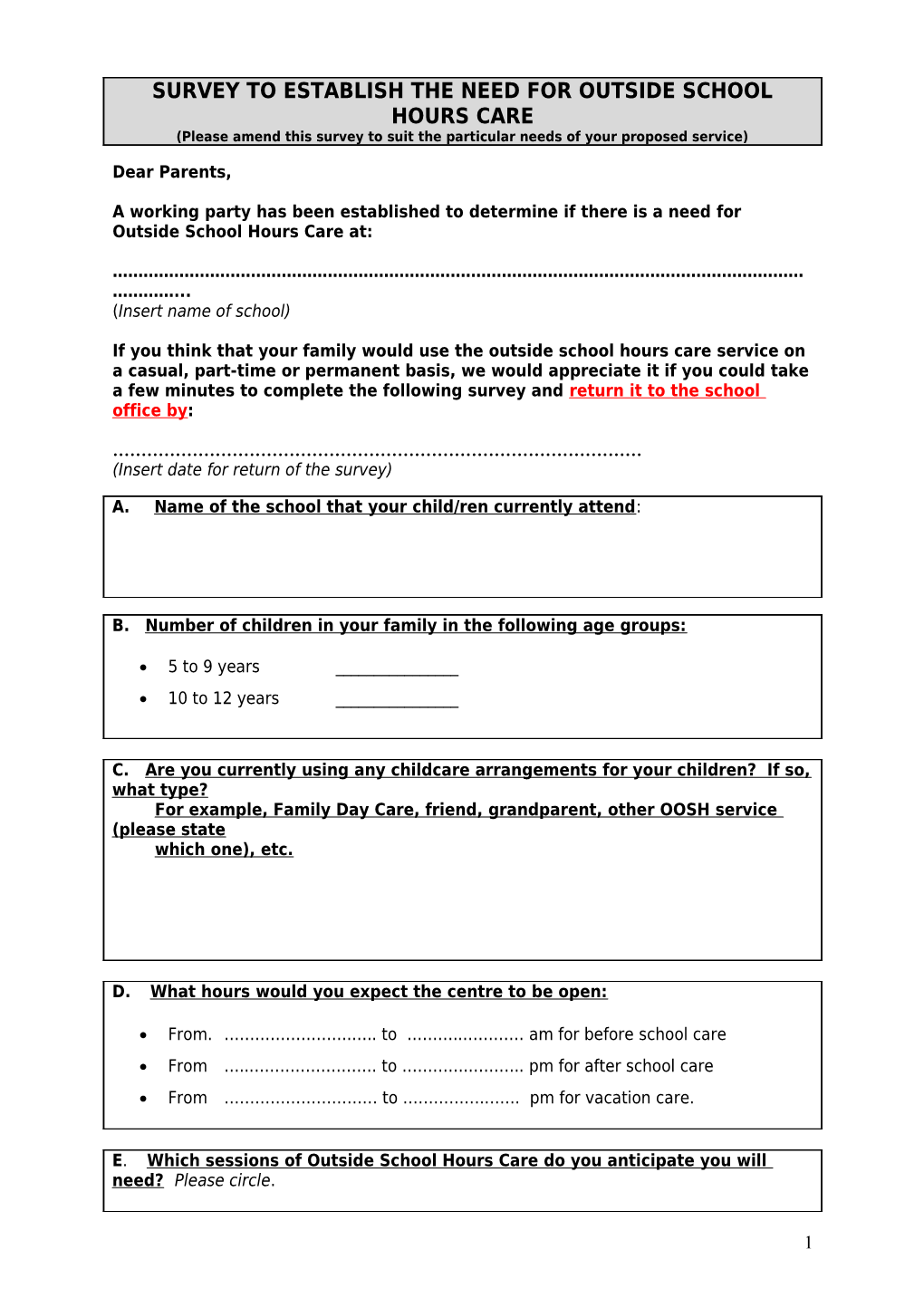 Survey to Establish the Need for Before and After School & Vacation Care
